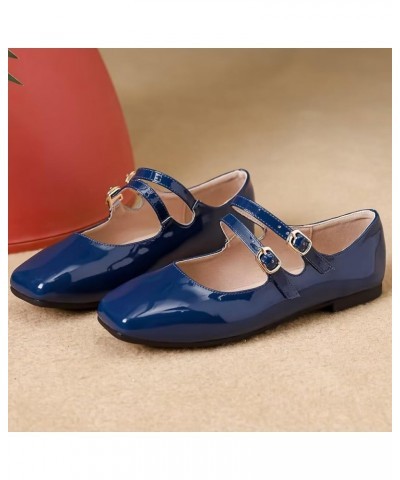 Women's Red Mary Jane Flats Retro Square Toe Soft Ballet Flats Comfort Double Line Strap Wedding Flats A Dark Blue $17.33 Flats