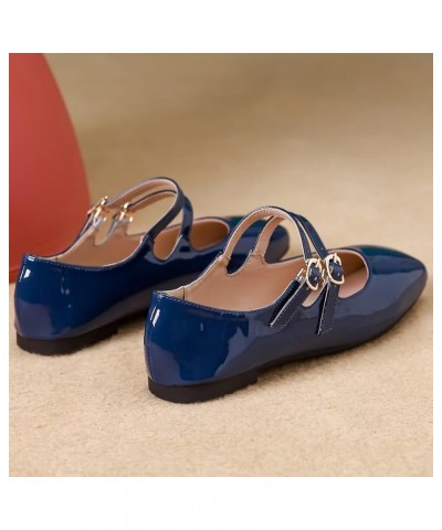 Women's Red Mary Jane Flats Retro Square Toe Soft Ballet Flats Comfort Double Line Strap Wedding Flats A Dark Blue $17.33 Flats