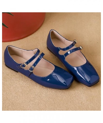 Women's Red Mary Jane Flats Retro Square Toe Soft Ballet Flats Comfort Double Line Strap Wedding Flats A Dark Blue $17.33 Flats