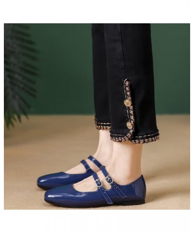 Women's Red Mary Jane Flats Retro Square Toe Soft Ballet Flats Comfort Double Line Strap Wedding Flats A Dark Blue $17.33 Flats