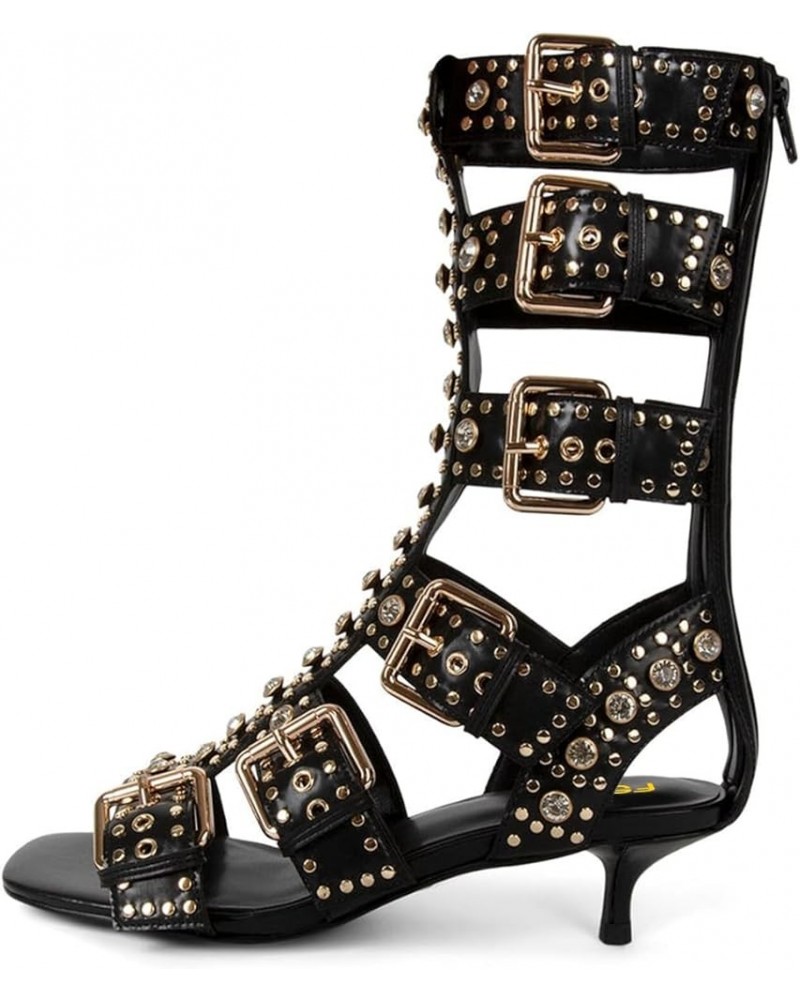 Women Rhinestone Calf High Strappy Gladiator Sandal Low Kitten Heel Open Toe Cutout Buckles Back Zipper Comfortable Fashion S...