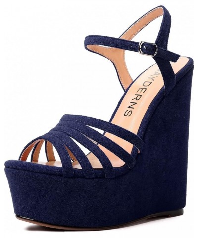 Womens Party Sexy Open Toe Ankle Strap Slingback Suede Platform Buckle Solid Wedge High Heel Heeled Sandals 6 Inch Navy Blue ...