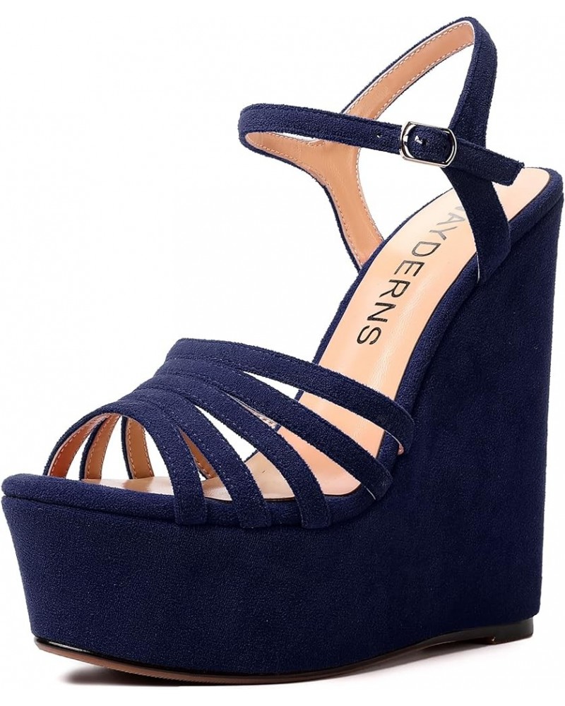 Womens Party Sexy Open Toe Ankle Strap Slingback Suede Platform Buckle Solid Wedge High Heel Heeled Sandals 6 Inch Navy Blue ...