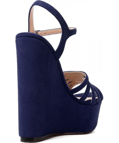 Womens Party Sexy Open Toe Ankle Strap Slingback Suede Platform Buckle Solid Wedge High Heel Heeled Sandals 6 Inch Navy Blue ...