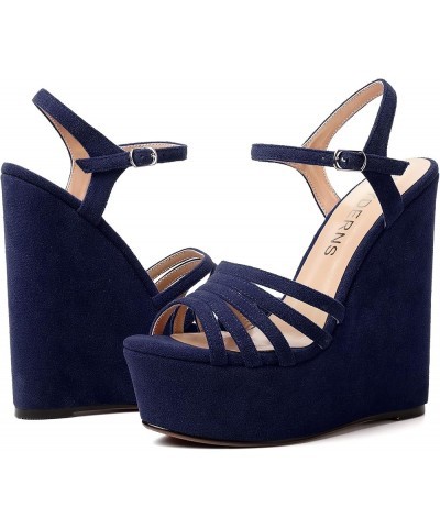 Womens Party Sexy Open Toe Ankle Strap Slingback Suede Platform Buckle Solid Wedge High Heel Heeled Sandals 6 Inch Navy Blue ...