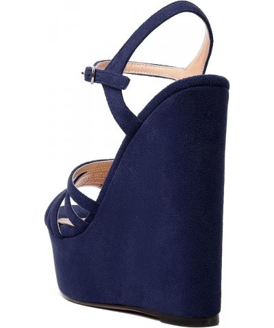 Womens Party Sexy Open Toe Ankle Strap Slingback Suede Platform Buckle Solid Wedge High Heel Heeled Sandals 6 Inch Navy Blue ...