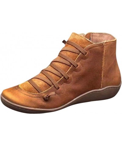 Side Zipper Ankle Booties for Women, Women's Flat Leather Retro Lace-up Boots Side Zipper Round Toe Shoes Brown $14.71 Fashio...