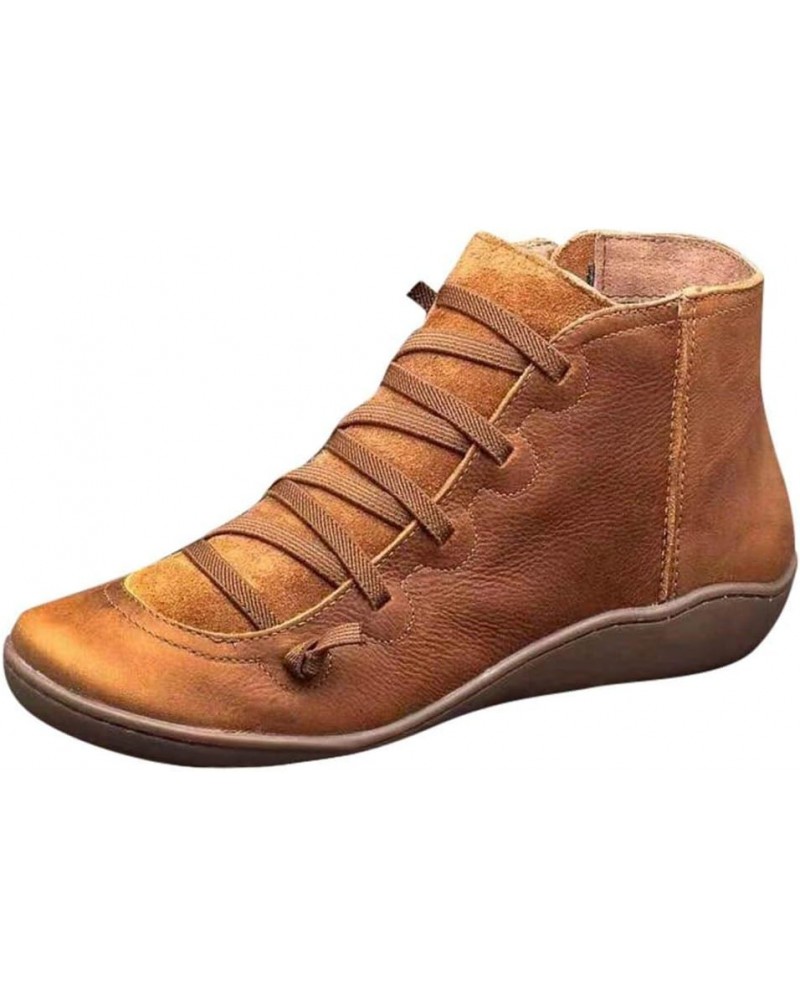 Side Zipper Ankle Booties for Women, Women's Flat Leather Retro Lace-up Boots Side Zipper Round Toe Shoes Brown $14.71 Fashio...