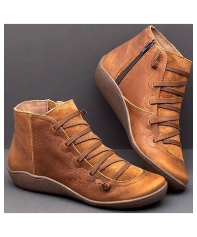 Side Zipper Ankle Booties for Women, Women's Flat Leather Retro Lace-up Boots Side Zipper Round Toe Shoes Brown $14.71 Fashio...