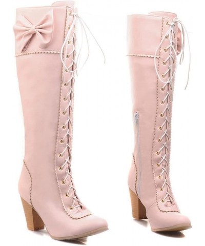 Women Fashion Lace Up Boots Knee High Plus Size US2-12 02-pink $26.89 Boots