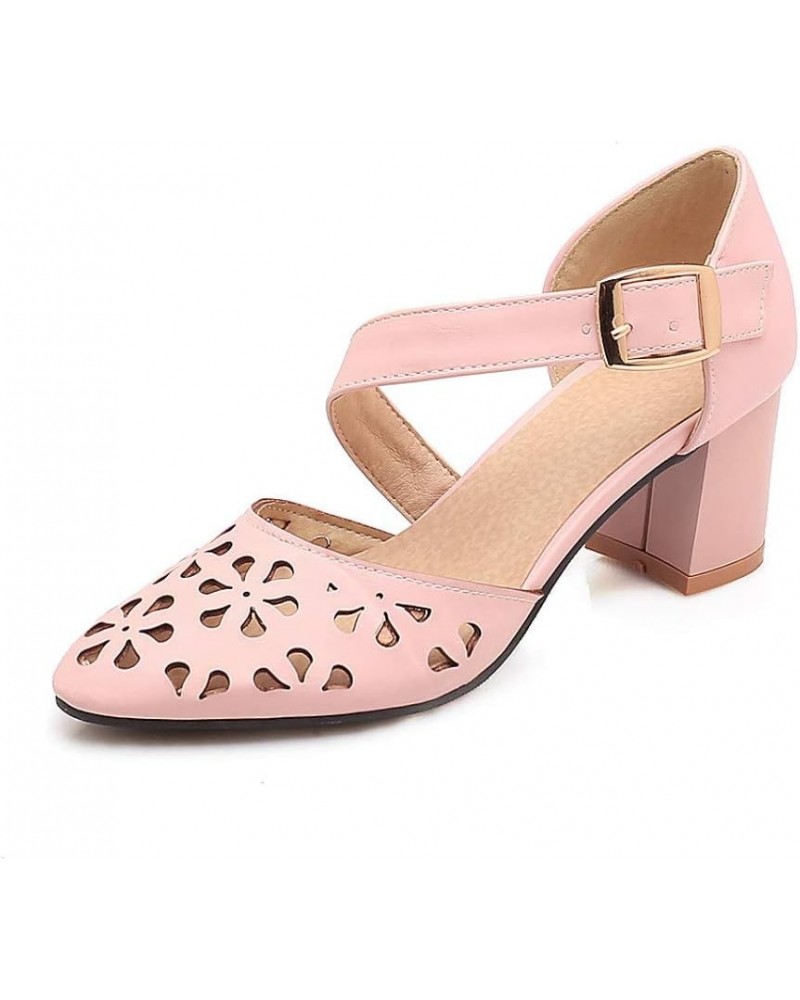 Women Closed Toe Dress Sandals Buckle Hollow Slip On Cut Out Summer Thick Heel Pumps Sandal Shoes Pink $30.67 Sandals