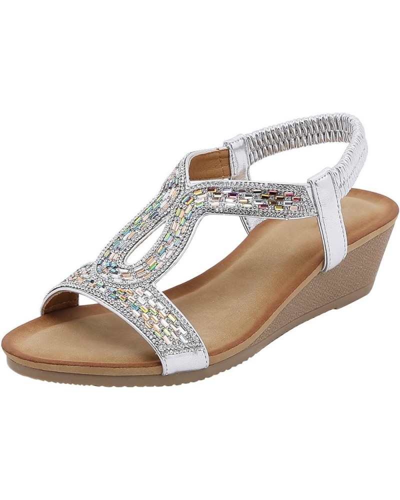 Women Elastic Band Rhinestones Casual Open Toe Wedges Soft Bottom Breathable Shoes Womens Slingback Sandals Size 9 Silver $18...