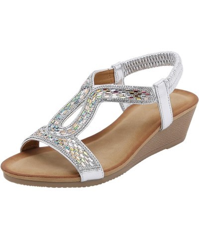 Women Elastic Band Rhinestones Casual Open Toe Wedges Soft Bottom Breathable Shoes Womens Slingback Sandals Size 9 Silver $18...