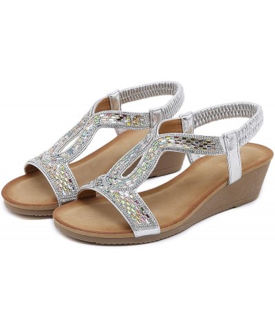 Women Elastic Band Rhinestones Casual Open Toe Wedges Soft Bottom Breathable Shoes Womens Slingback Sandals Size 9 Silver $18...