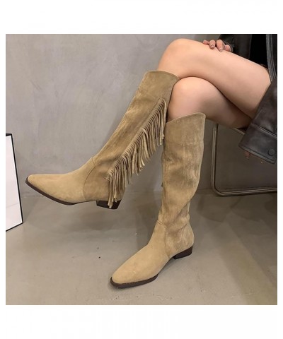 Fringe Western Cowboy Boots for Women Chunky Heel Pointed Toe Pull On Rhinestones Embroidered Tassel Boots Mid Calf Boots D81...