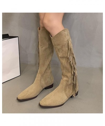 Fringe Western Cowboy Boots for Women Chunky Heel Pointed Toe Pull On Rhinestones Embroidered Tassel Boots Mid Calf Boots D81...