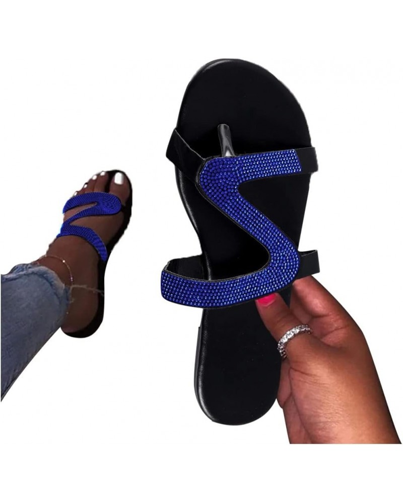 Sandals Women Dressy Summer Casual Flip Flop Crystal Flat Sandals Rhinestones Beach Sliders Open Women's Slipper Z4-blue $13....