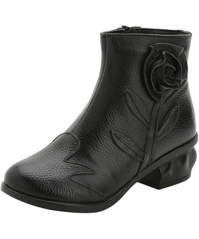 Women's Cotton Shoes Retro Waterproof Flower Ankle Boots with Zipper Black Flowers $26.96 Boots