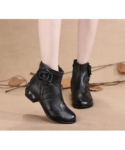 Women's Cotton Shoes Retro Waterproof Flower Ankle Boots with Zipper Black Flowers $26.96 Boots