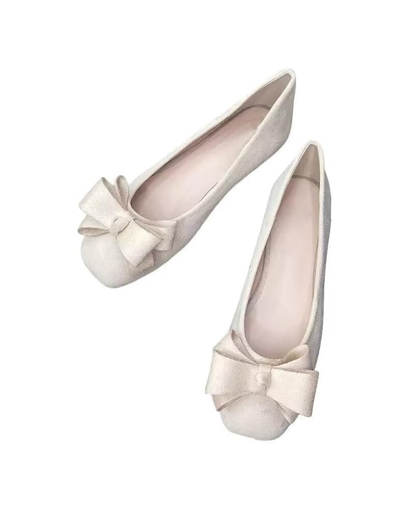 Square Toe Bow Flats for Women Solid Color Low-Heel Slip-ons Cozy Soft Office Lady Dress Shoes Beige $19.03 Flats