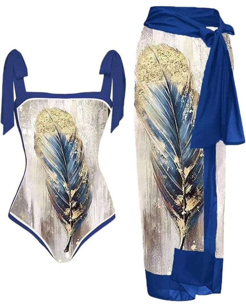 Women 1 Piece Swimwear+1 Piece Cover UP Two Piece Vintage Print Swimsuit Monokini Bikini 2 Piece Swimsuits Two 2-blue $16.80 ...