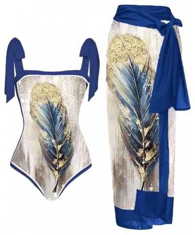 Women 1 Piece Swimwear+1 Piece Cover UP Two Piece Vintage Print Swimsuit Monokini Bikini 2 Piece Swimsuits Two 2-blue $16.80 ...