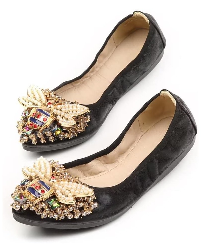 Womens Foldable Pointed Toe Ballet Flats Rhinestone Loafers Fashion Flats Bee Black $13.82 Flats