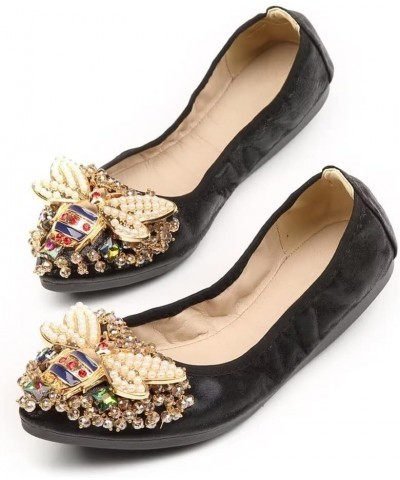 Womens Foldable Pointed Toe Ballet Flats Rhinestone Loafers Fashion Flats Bee Black $13.82 Flats