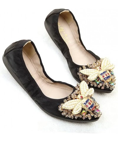 Womens Foldable Pointed Toe Ballet Flats Rhinestone Loafers Fashion Flats Bee Black $13.82 Flats