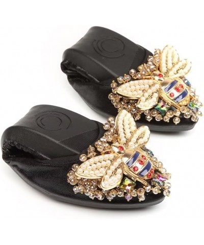 Womens Foldable Pointed Toe Ballet Flats Rhinestone Loafers Fashion Flats Bee Black $13.82 Flats