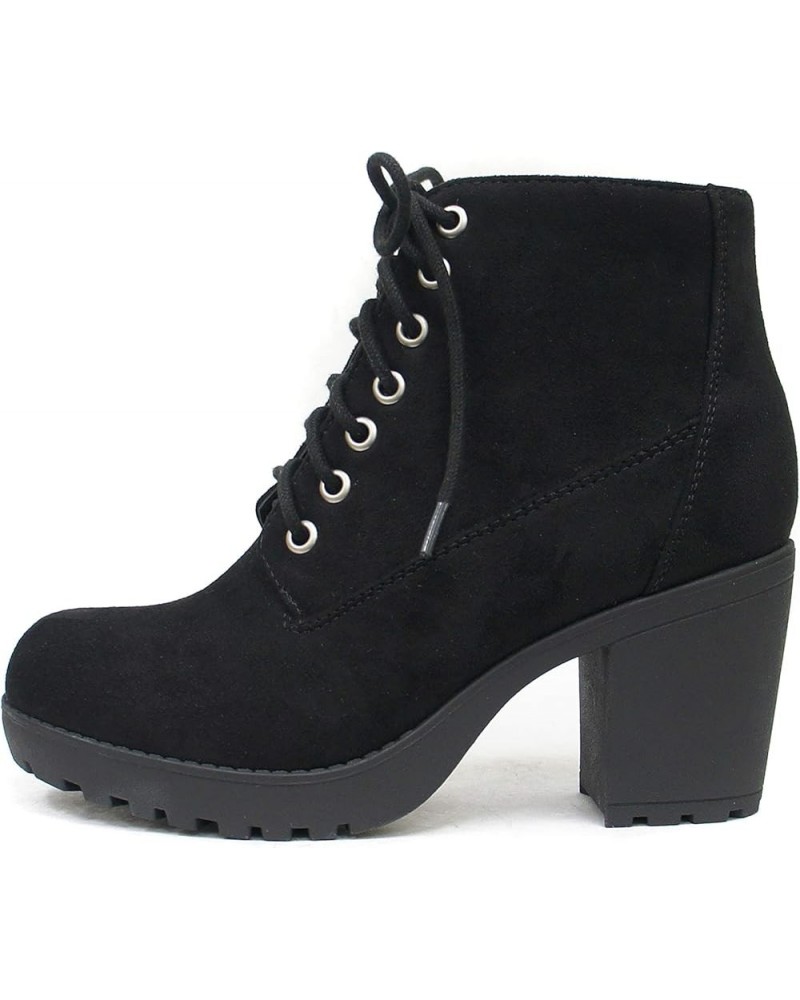 Second Lug Sole Chunky Heel Combat Ankle Bootie Lace up w/Side Zipper Black Imitation Suede $23.84 Boots