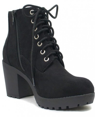 Second Lug Sole Chunky Heel Combat Ankle Bootie Lace up w/Side Zipper Black Imitation Suede $23.84 Boots