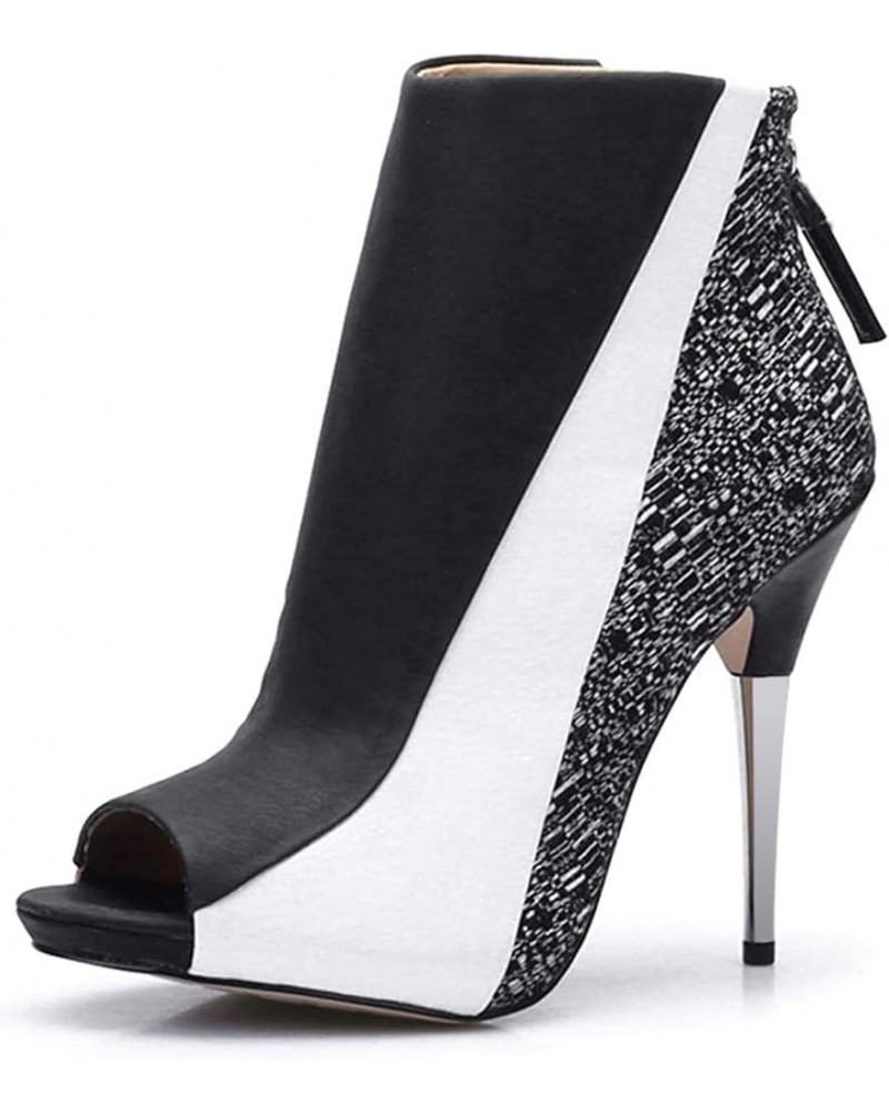 Open Toe Ankle Stiletto Boots High Heels Peep Toe Booties Zipper Fashion Dress Boots Black White $34.08 Boots