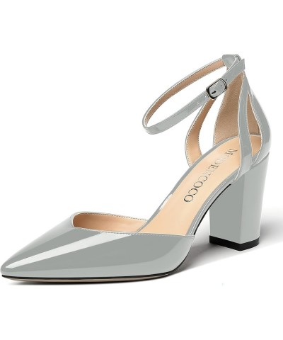 Women's Pointed Toe Patent D'orsay Cut Out Ankle Strap Block High Heel Pumps Shoes 3.5 Inch Grey $33.35 Pumps