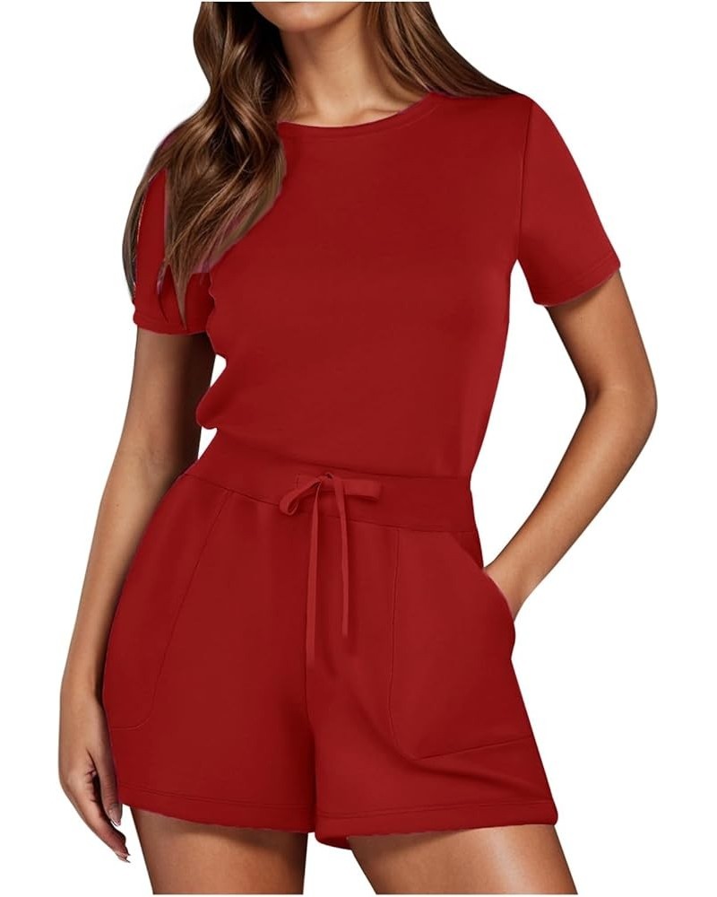 Romper for Women Beach Solid Jumpsuit With 4 Pockets Jumpsuit Romper Shorts Red-2➤➤ Summer Casual Athletic Romper $14.68 Boots