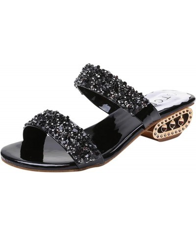 Women's Mid Heels Square Toe Summer Open Toe Two Strap High Heeled Sandal Seaside Classic Slide Sandals Black $17.04 Sandals