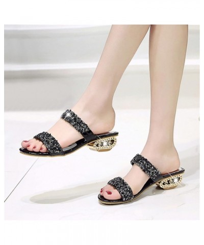 Women's Mid Heels Square Toe Summer Open Toe Two Strap High Heeled Sandal Seaside Classic Slide Sandals Black $17.04 Sandals