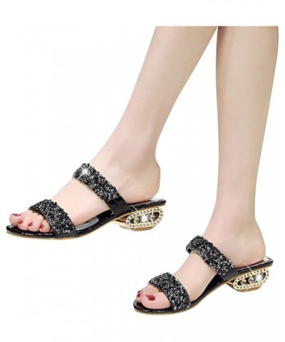 Women's Mid Heels Square Toe Summer Open Toe Two Strap High Heeled Sandal Seaside Classic Slide Sandals Black $17.04 Sandals