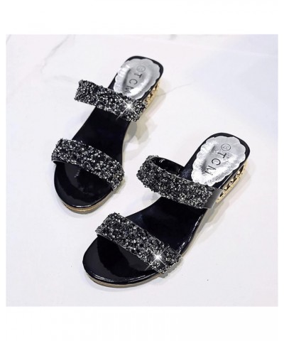 Women's Mid Heels Square Toe Summer Open Toe Two Strap High Heeled Sandal Seaside Classic Slide Sandals Black $17.04 Sandals