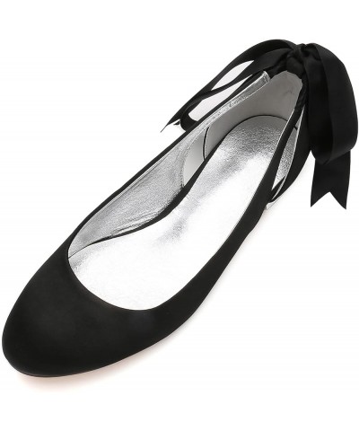 Women Satin Round Toe Bridal Flats Ribbon Tie Ankle Strap Ballet Flats Wedding Bride Shoes Black $44.87 Flats