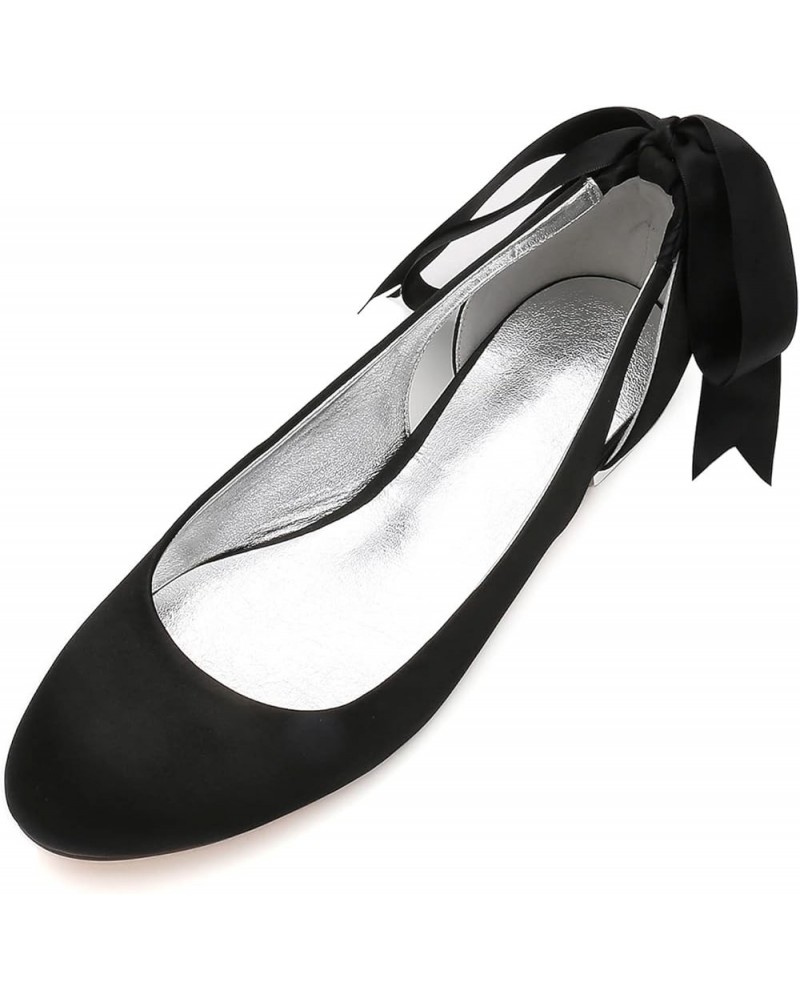 Women Satin Round Toe Bridal Flats Ribbon Tie Ankle Strap Ballet Flats Wedding Bride Shoes Black $44.87 Flats