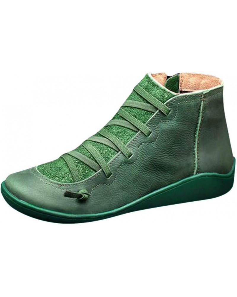 Leather Round Casual Lace-up Women's Boots Shoe Side Toe Flat Zipper Boots Retro Women's boots Boot for Women Sprained Green ...