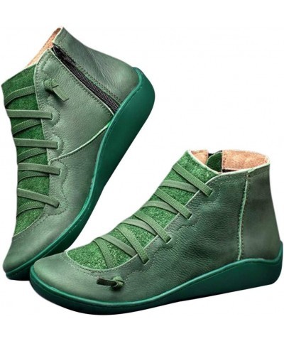 Leather Round Casual Lace-up Women's Boots Shoe Side Toe Flat Zipper Boots Retro Women's boots Boot for Women Sprained Green ...