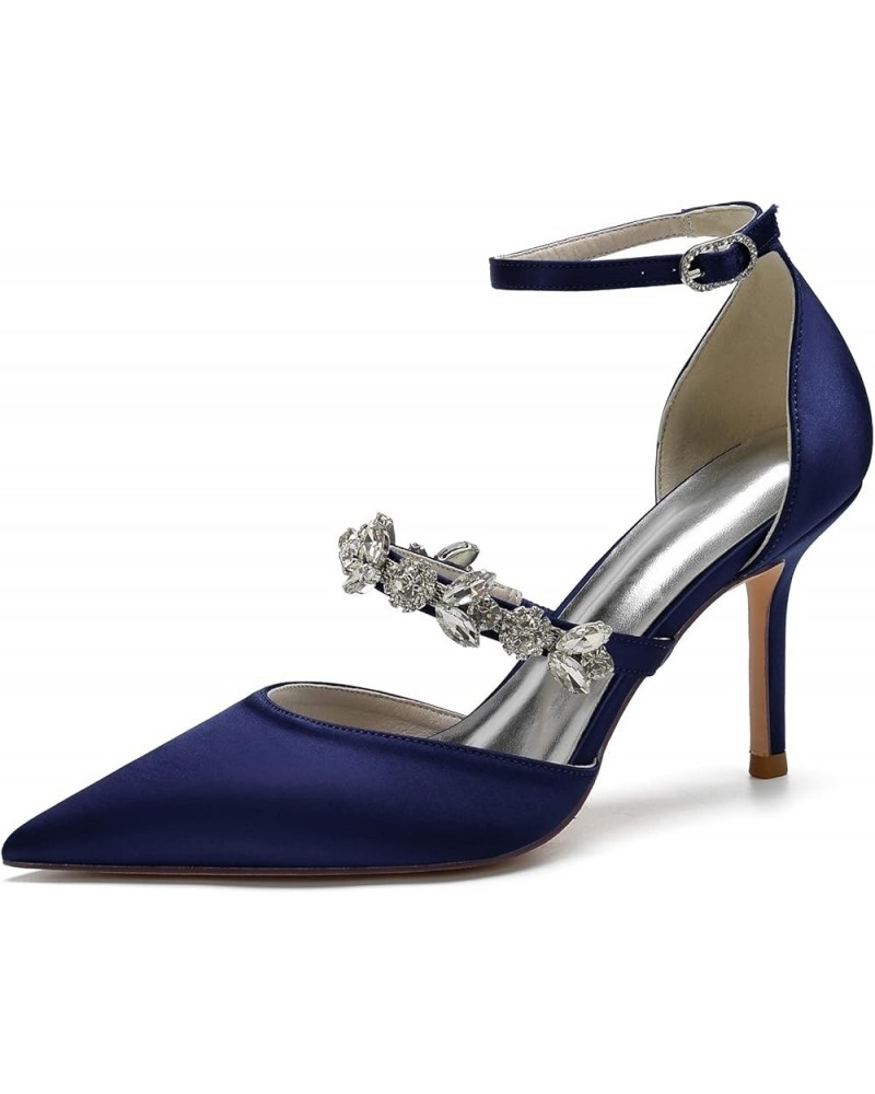 Women Pointed Toe High Heel Pumps Satin Tilted Ankle Strap Wedding Bridal Evening Party Dress Shoes Deep Blue $36.00 Pumps