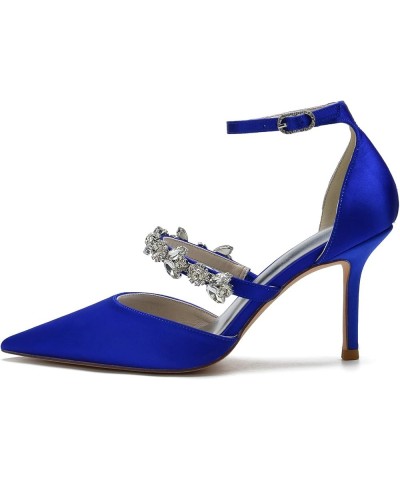 Women Pointed Toe High Heel Pumps Satin Tilted Ankle Strap Wedding Bridal Evening Party Dress Shoes Deep Blue $36.00 Pumps