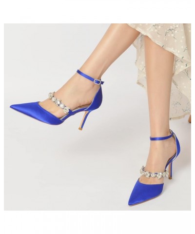 Women Pointed Toe High Heel Pumps Satin Tilted Ankle Strap Wedding Bridal Evening Party Dress Shoes Deep Blue $36.00 Pumps