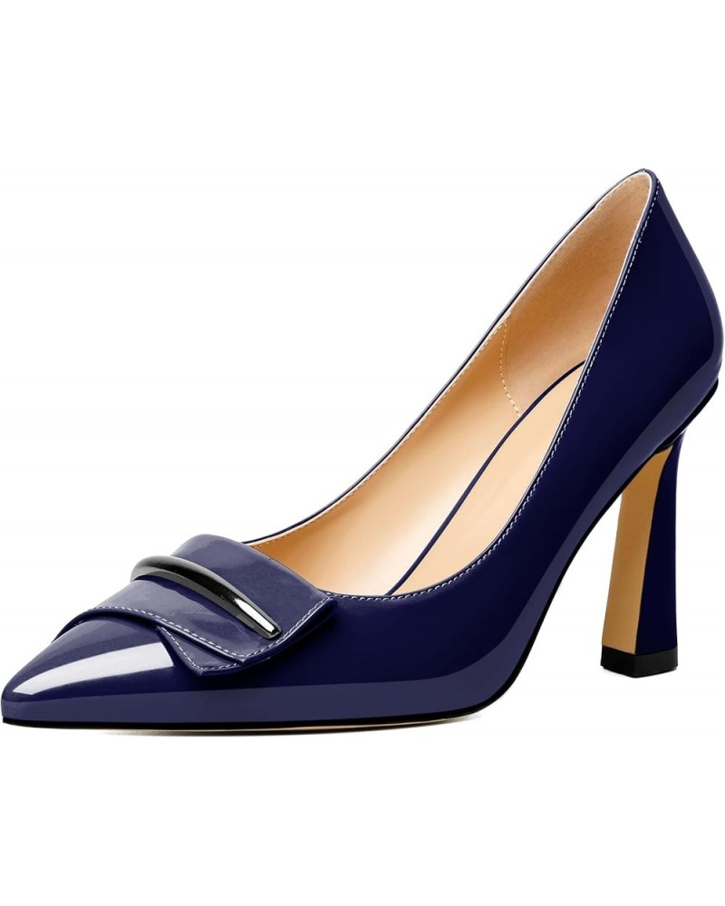 Womens High Stilettos Heels Pointed Toe Pumps Slip-on Closed Toe Bow Buckle 3.5 Inch Flare Heel Dress Shoes Patent Navy $21.5...