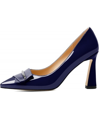 Womens High Stilettos Heels Pointed Toe Pumps Slip-on Closed Toe Bow Buckle 3.5 Inch Flare Heel Dress Shoes Patent Navy $21.5...