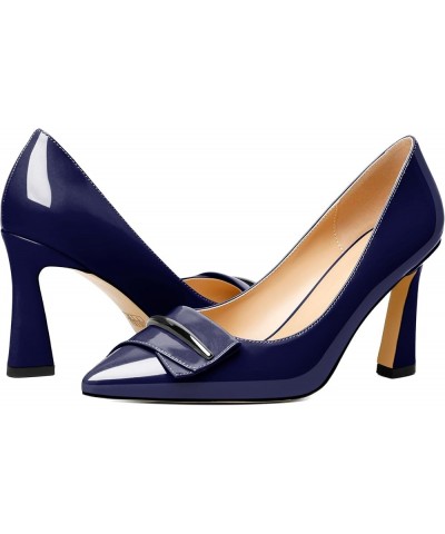 Womens High Stilettos Heels Pointed Toe Pumps Slip-on Closed Toe Bow Buckle 3.5 Inch Flare Heel Dress Shoes Patent Navy $21.5...