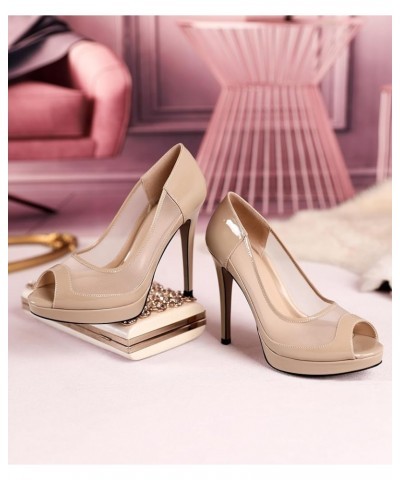 Womens Peep Toe High Heel Platform Stiletto Pumps Slip On Mesh Heels 5 Inch Party Evening Dress Shoes Patent Beige $32.24 Pumps